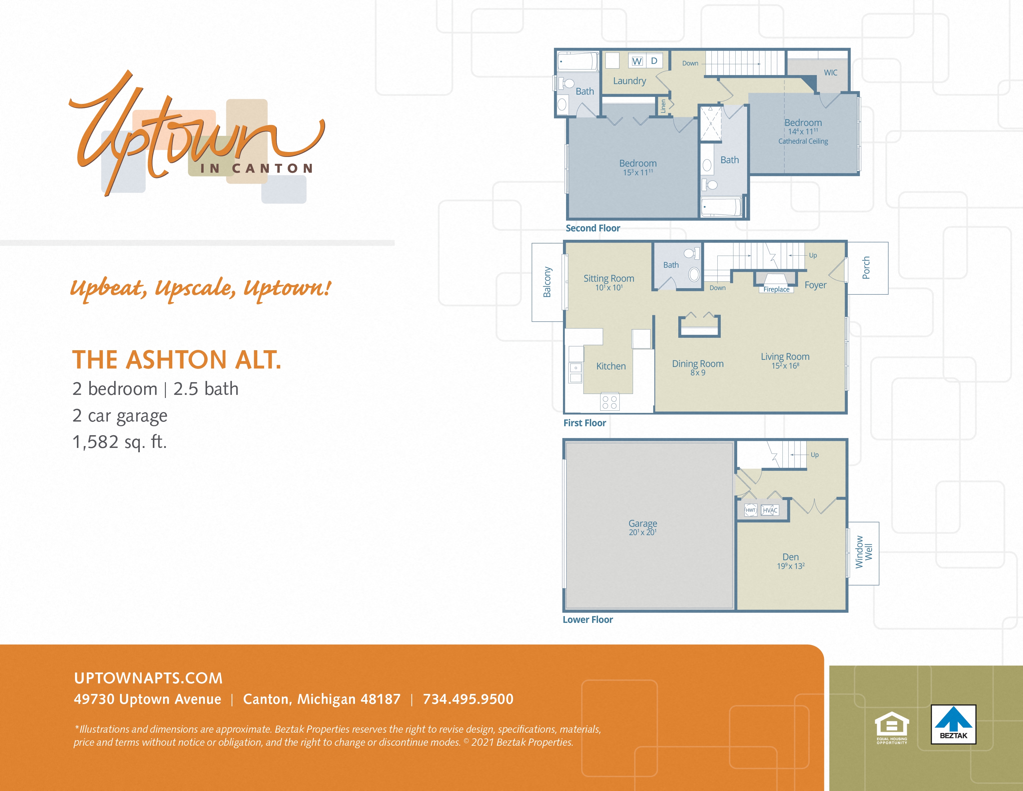 Floor plan for 2 beds, 2.5 baths, 1582 sqft